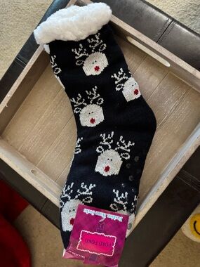 Black Reindeer Knit Holiday Socks with White & Red Accents